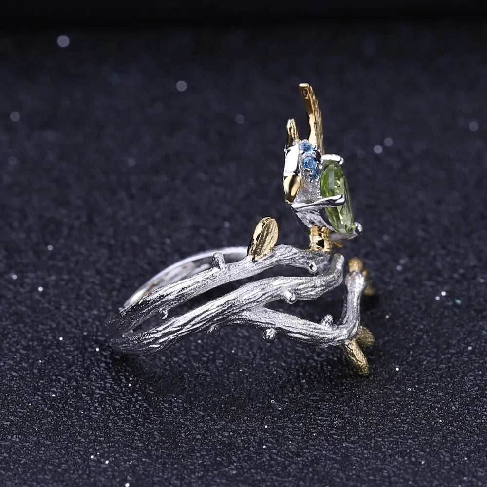 GEM'S BALLET 925 Sterling Silver Fine Jewelry 0.78Ct Natural Green Peridot Gemstone Ring Handmade Bird on Branch Rings for Women