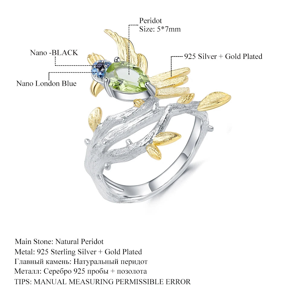 GEM'S BALLET 925 Sterling Silver Fine Jewelry 0.78Ct Natural Green Peridot Gemstone Ring Handmade Bird on Branch Rings for Women