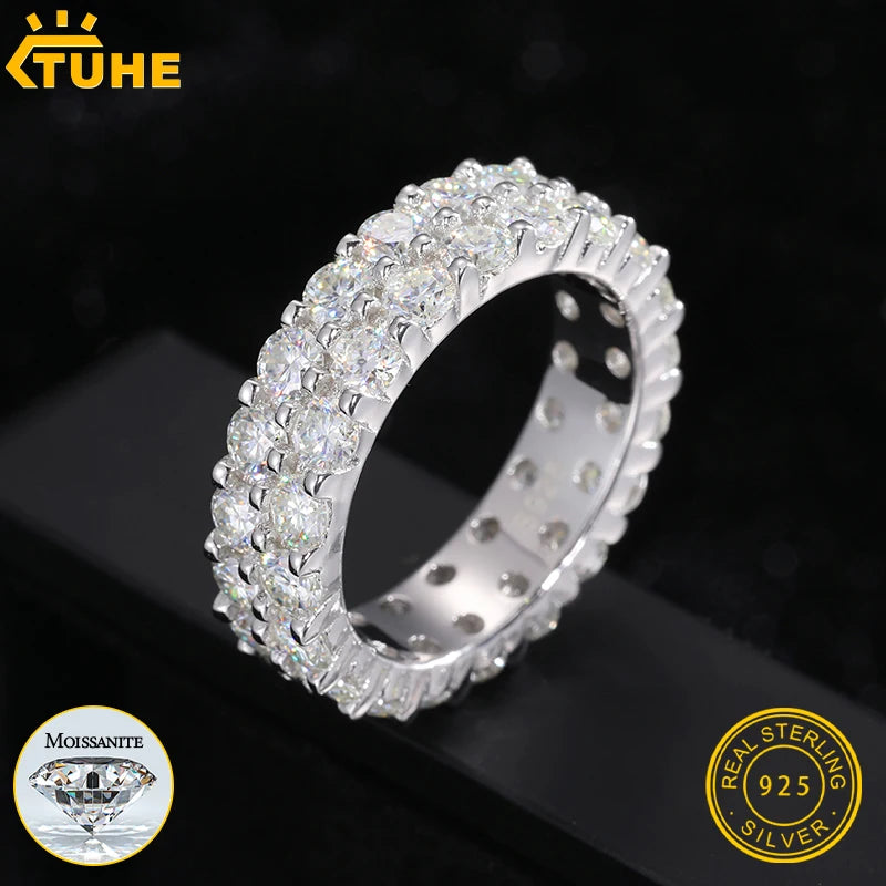 Top Quality 2 Rows 3mm VVS1 Moissanite Rings For Men Hip Hop Jewelry 925 Silver HipHop/Rock Bling Ring Gift