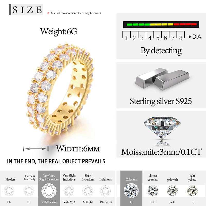 Top Quality 2 Rows 3mm VVS1 Moissanite Rings For Men Hip Hop Jewelry 925 Silver HipHop/Rock Bling Ring Gift