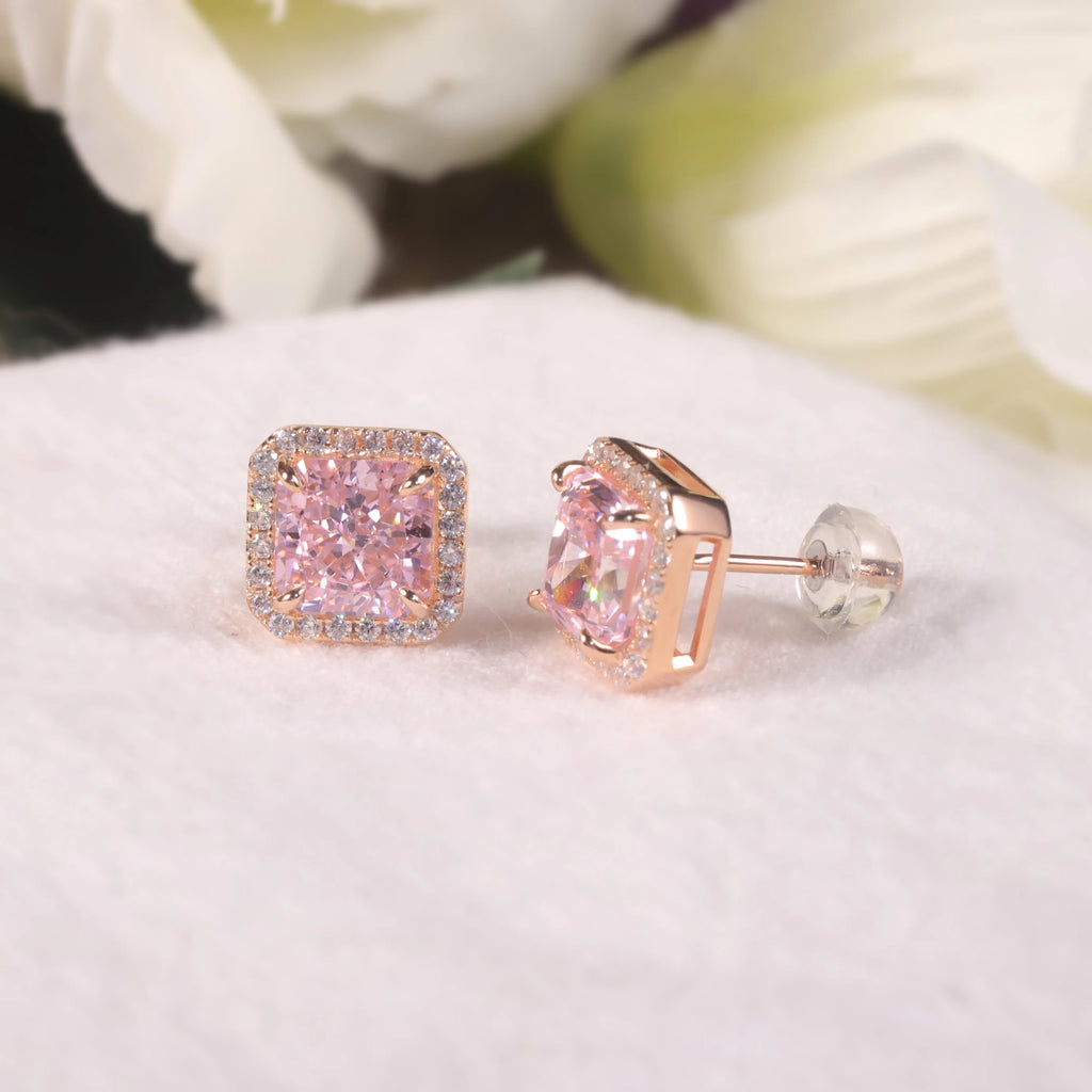 GEM'S BALLET 925 Sterling Silver Luxury Jewelry Women's Earrings Diamond-fire CZ- Diamond Pink  Halo Stud Earrings Gift For Her