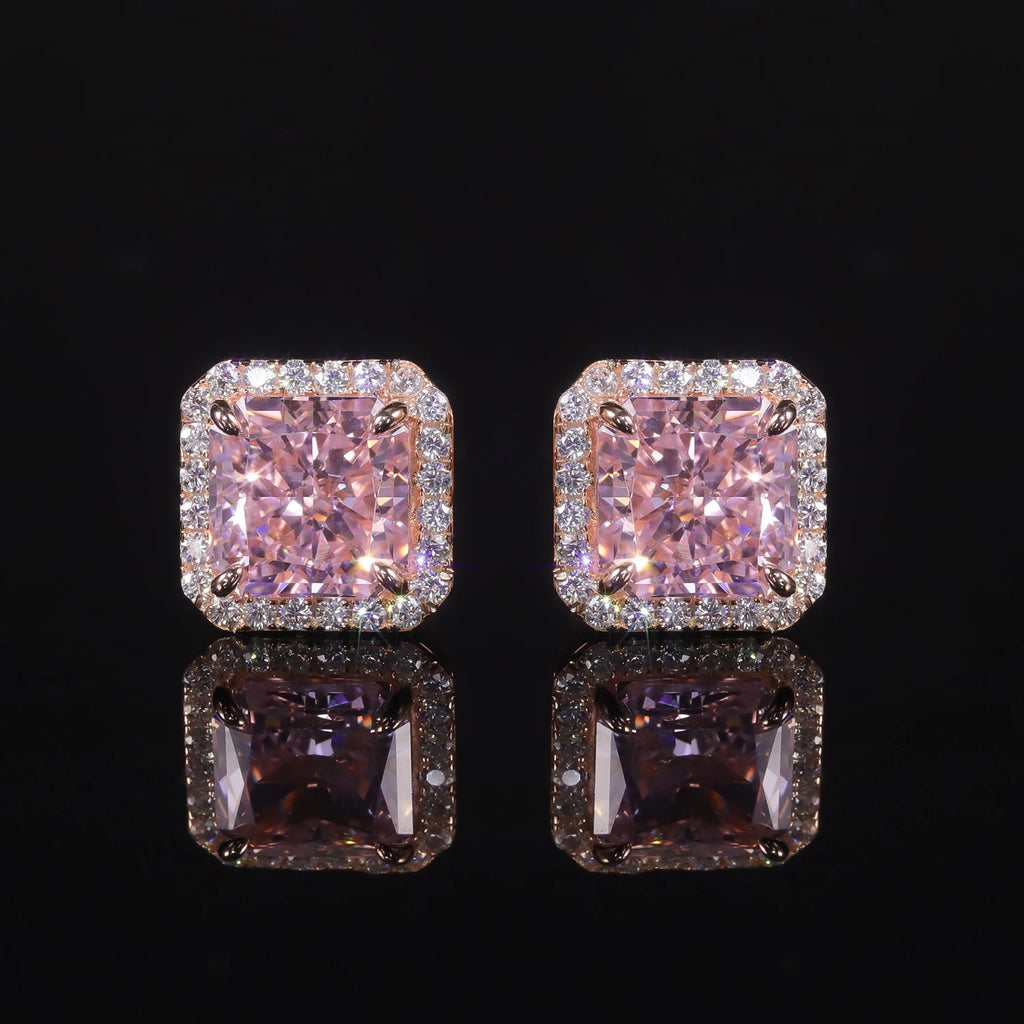 GEM'S BALLET 925 Sterling Silver Luxury Jewelry Women's Earrings Diamond-fire CZ- Diamond Pink  Halo Stud Earrings Gift For Her