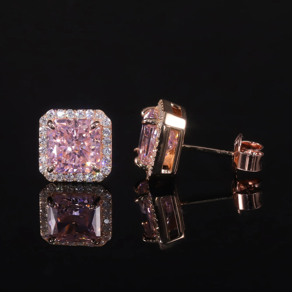GEM'S BALLET 925 Sterling Silver Luxury Jewelry Women's Earrings Diamond-fire CZ- Diamond Pink  Halo Stud Earrings Gift For Her